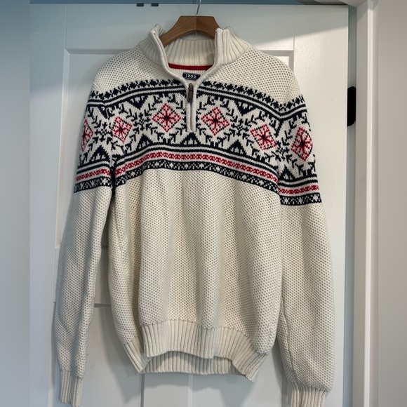 Izod Other - Izod Sweater Men's medium  Cream Red Fair Isle chunky knit Snowflake 1/4 Zip